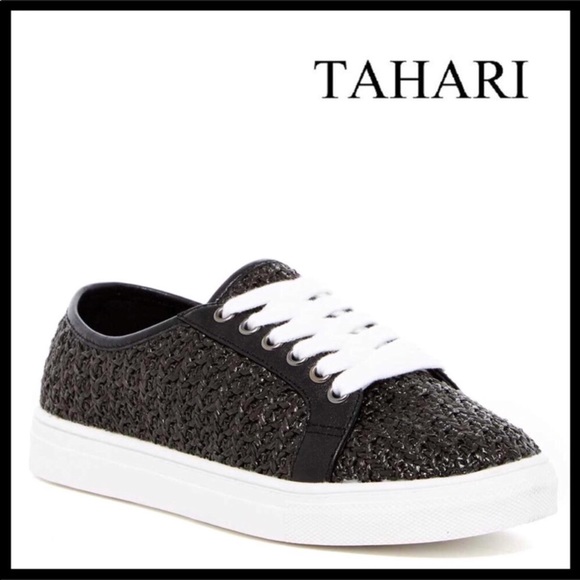 Tahari Shoes - TAHARI LEATHER & WOVEN LACE UP OXFORDS SNEAKERS